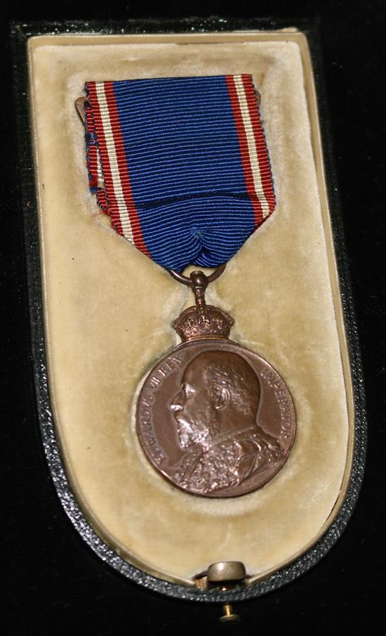 A Royal Victorian Medal to Sgt. William James Bedwell LMC 31st March 1905, in part case, framed